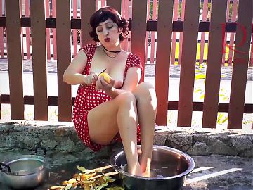 Retro maid prepares potatoes for dinner. Vintage performance. Vintage maid have no panties. Masturbation outdoors. full