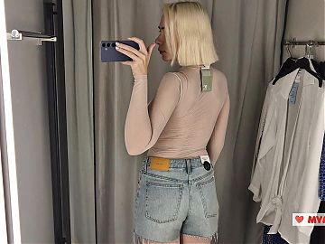 Try On Haul Transparent Clothes with huge tits and big ass, at the dressing room. Look at me and jerk off.