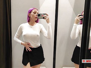Try on haul transparent clothes in the fitting room. Busty blonde tries on a transparent blouse in only panties
