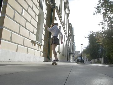 Fucked a young slut on a skateboard. Filled her mouth with cum
