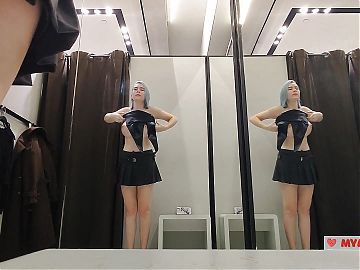 Try on transparent sexy clothes in a mall. Look at me in the fitting room and jerk off to my tits, I like it.
