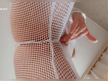 Stepmom with big tits masturbates pussy in transparent pantyhose. Juicy pussy makes wet sounds. Horny and desperate hous